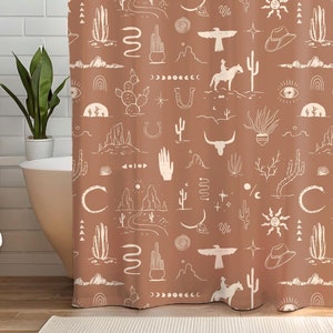 christmas gift, western bath curtain gift for family, nature lover new home gift wild west cowboy cowgirl rustic bath shower decor scenic stylish desert decor housewarming present, cactus desert horse mountain snake shower tub curtain bull head