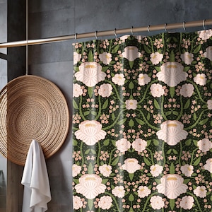 Botanical Moody Print Shower Curtain Retro Flowers Dark Academia Black Modern Floral Pattern William Morris Bathroom Accessories Gift