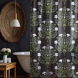Botanical Moody Print Shower Curtain Retro Flowers Dark Academia Black Modern Floral Pattern William Morris Bathroom Accessories Gift