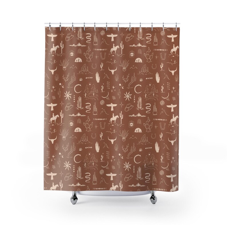 christmas gift, western bath curtain gift for family, nature lover new home gift wild west cowboy cowgirl rustic bath shower decor scenic stylish desert decor housewarming present, cactus desert horse mountain snake shower tub curtain bull head
