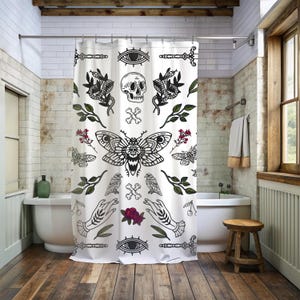 Traditional Tattoo Flash Art Shower Curtain, Mystic Autumn Aesthetic, Classy Halloween, Bathroom Home Decor Idea, Gothic Occult Macabre Gift