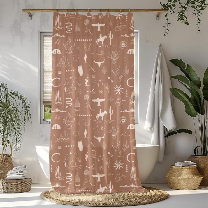 christmas gift, western bath curtain gift for family, nature lover new home gift wild west cowboy cowgirl rustic bath shower decor scenic stylish desert decor housewarming present, cactus desert horse mountain snake shower tub curtain bull head