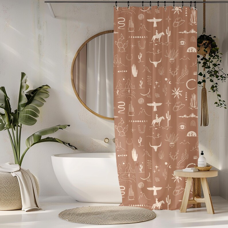 christmas gift, western bath curtain gift for family, nature lover new home gift wild west cowboy cowgirl rustic bath shower decor scenic stylish desert decor housewarming present, cactus desert horse mountain snake shower tub curtain bull head