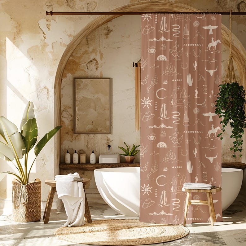 christmas gift, western bath curtain gift for family, nature lover new home gift wild west cowboy cowgirl rustic bath shower decor scenic stylish desert decor housewarming present, cactus desert horse mountain snake shower tub curtain bull head