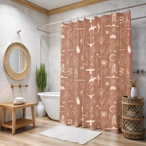 christmas gift, western bath curtain gift for family, nature lover new home gift wild west cowboy cowgirl rustic bath shower decor scenic stylish desert decor housewarming present, cactus desert horse mountain snake shower tub curtain bull head