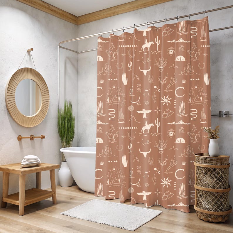 christmas gift, western bath curtain gift for family, nature lover new home gift wild west cowboy cowgirl rustic bath shower decor scenic stylish desert decor housewarming present, cactus desert horse mountain snake shower tub curtain bull head