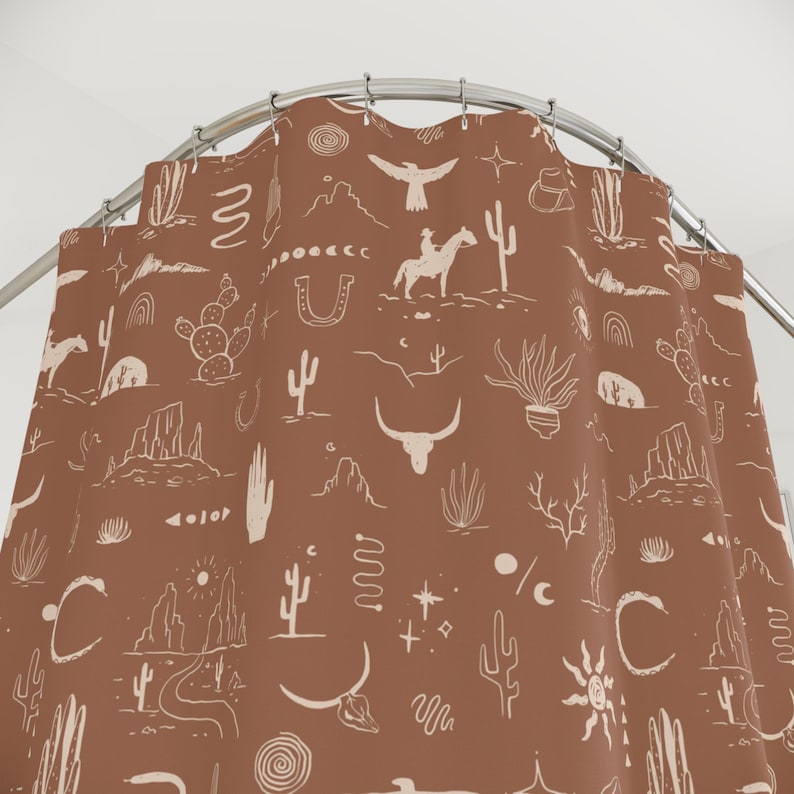 christmas gift, western bath curtain gift for family, nature lover new home gift wild west cowboy cowgirl rustic bath shower decor scenic stylish desert decor housewarming present, cactus desert horse mountain snake shower tub curtain bull head