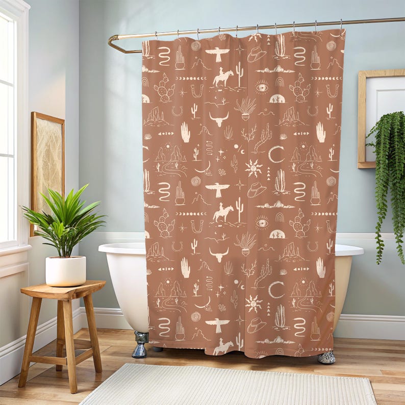 christmas gift, western bath curtain gift for family, nature lover new home gift wild west cowboy cowgirl rustic bath shower decor scenic stylish desert decor housewarming present, cactus desert horse mountain snake shower tub curtain bull head