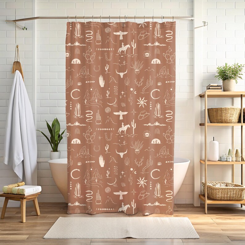 christmas gift, western bath curtain gift for family, nature lover new home gift wild west cowboy cowgirl rustic bath shower decor scenic stylish desert decor housewarming present, cactus desert horse mountain snake shower tub curtain bull head