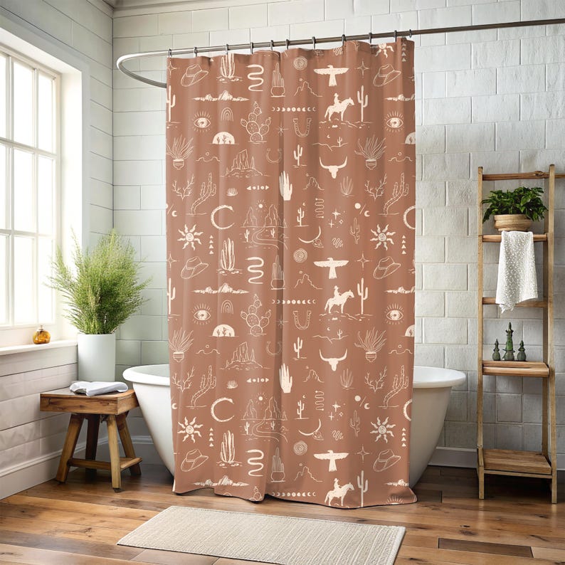 christmas gift, western bath curtain gift for family, nature lover new home gift wild west cowboy cowgirl rustic bath shower decor scenic stylish desert decor housewarming present, cactus desert horse mountain snake shower tub curtain bull head