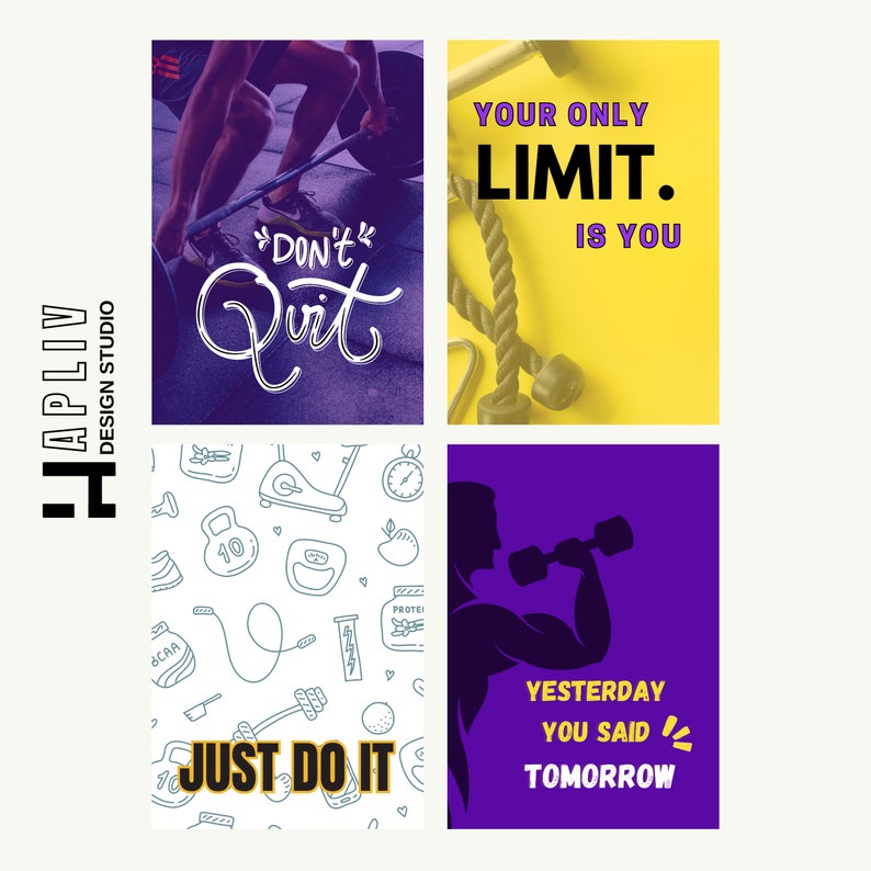Set of 4 Motivational Digital Posters containing Quotes, Don't Quit, Just Do IT, Your Only Limit is You, YesterdayYou Said Tomorrow