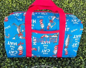 Kids Mini Duffel Bag, Weekender Bag, Travel Bag "Cat in the Hat" - Custom Embroidered Name