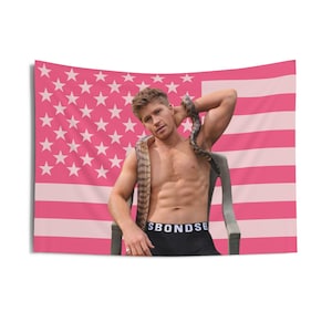May include: A pink American flag tapestry with white stars and stripes forms the background. A person sits in a chair, wearing black underwear with "SBONDSE" on the waistband, and has a snake draped around their neck.