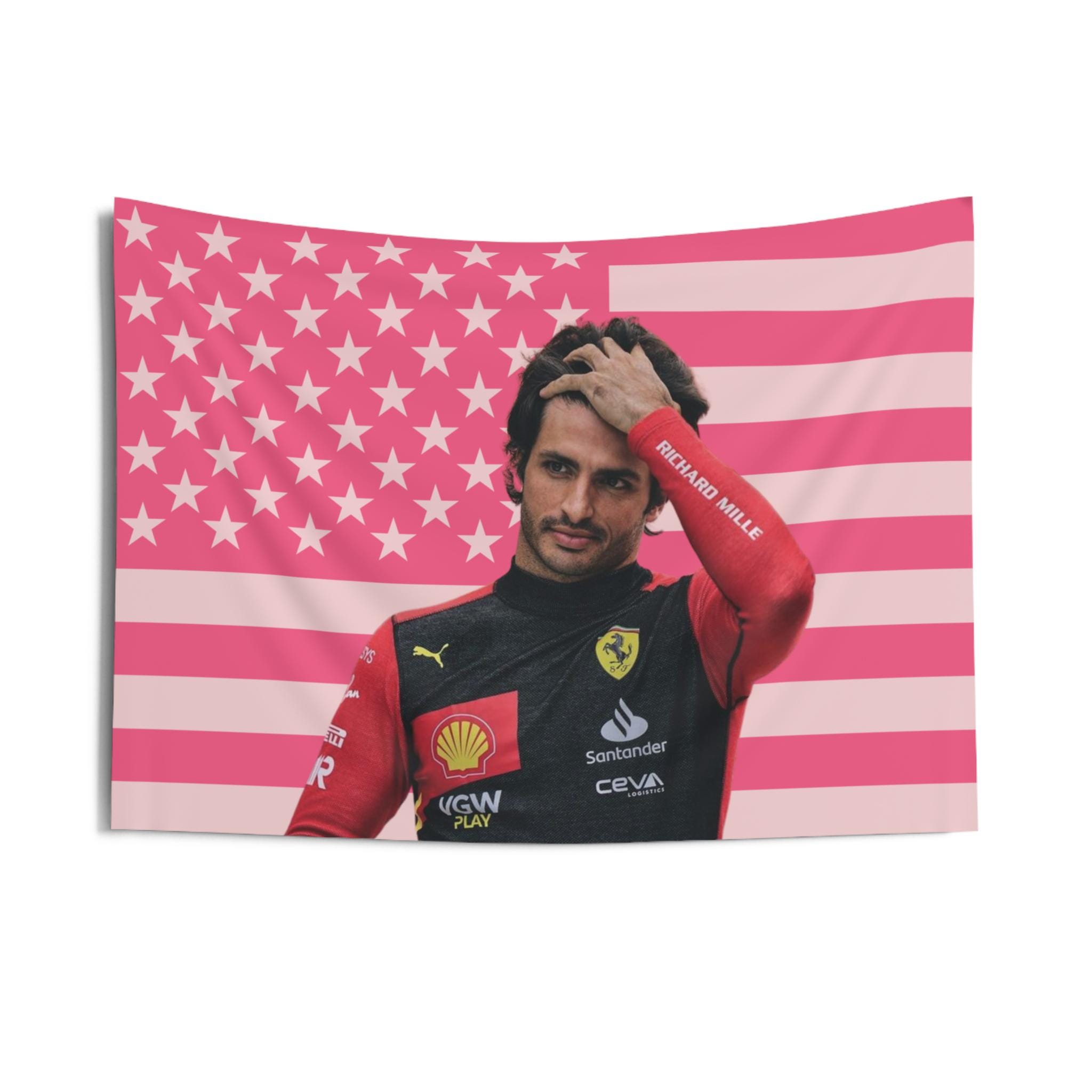 Carlos Sainz Pink American Flag Tapestry, aesthetic room decor, funny room decor, Carlos Sainz gift