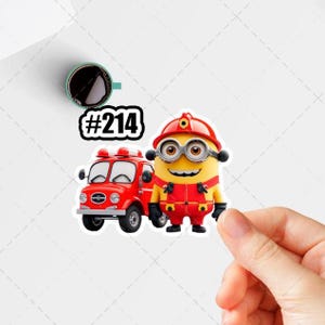 Cute Firefighter Character Sticker #214 – Laminated, Durable, Fun Cartoon Decal with Fire Truck – Perfect for Kids & Fans