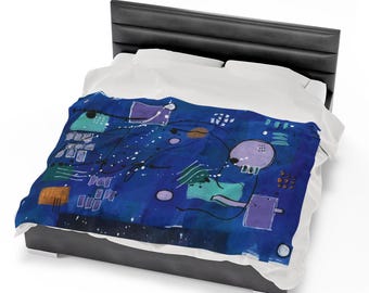 Manta de felpa abstracta: "Confusión azul, parte 2" Decoración moderna para el hogar