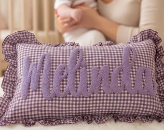 Personalized Baby Name Cushion – Handmade Gingham Ruffle Pillow, New Mom Keepsake Gift