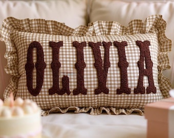 Monogram Name Pillow, Personalized Punch Needle Cushion, Custom Nursery Decor, Birthday Gift for Kids