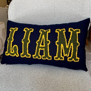Custom punch needle name pillow reading Liam, styled in a cozy bohemian home setting with neutral tones, perfect for new home decoration.