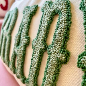 Puede incluir: Primer plano de un coj&iacute;n color crema con la palabra "READ" bordada en puntada verde texturizada. Las letras tienen un efecto tridimensional en relieve, creando un dise&ntilde;o t&aacute;ctil y visualmente atractivo. El coj&iacute;n es un acento decorativo para el hogar.