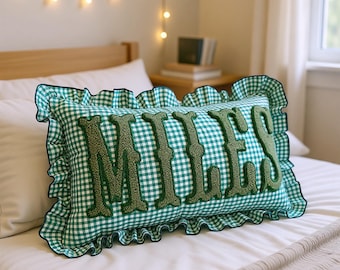 Cojín con monograma y volantes de cuadros vichy, cojín personalizado con nombre, regalo suave para la decoración del dormitorio