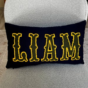 Bohemian home decor accent pillow with punch needle embroidered Liam lettering, ideal for new home styling or thoughtful new mom gifts.