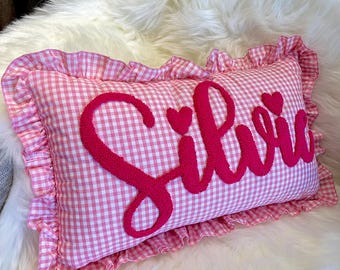 Personalized Gingham Ruffle Pillow, Punch Needle Name Cushion, Nursery Decor