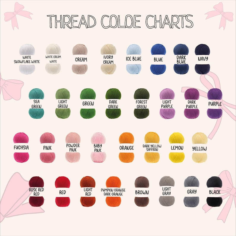 May include: A thread colour chart showing a range of yarn colours. The chart includes shades of white, cream, blue, green, purple, pink, orange, yellow, red, brown, grey, and black. The text "THREAD COLOUR CHARTS" is at the top.