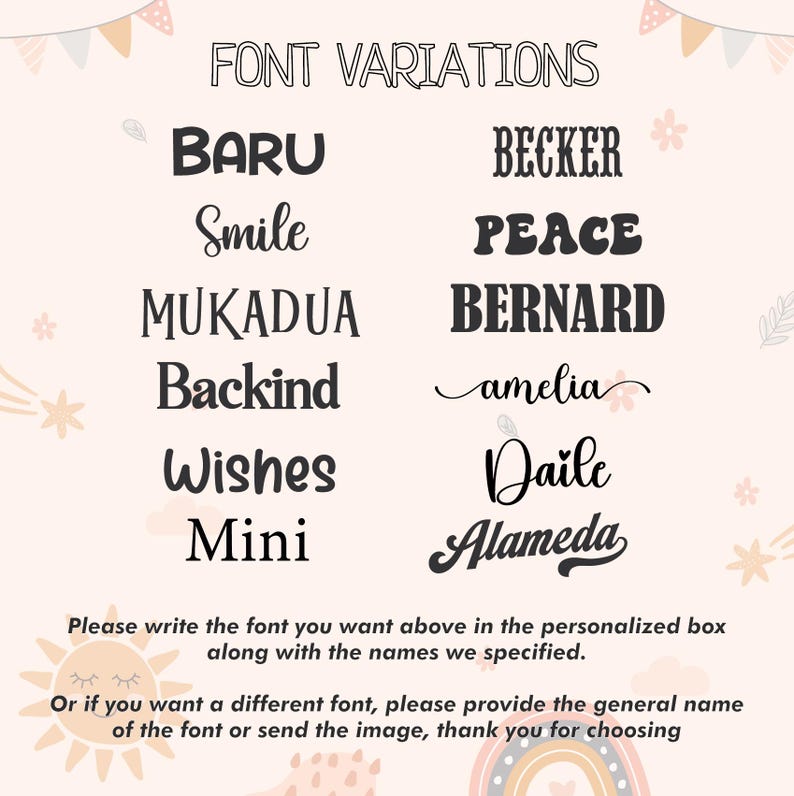 Puede incluir: Imagen que muestra diferentes estilos de fuente: "BARU", "BECKER", "Smile", "PEACE", "MUKADUA", "BERNARD", "Backind", "amelia", "Wishes", "Daile", "Mini" y "Alameda". Instrucciones para seleccionar la fuente.