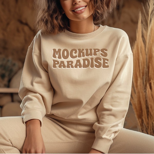 Gildan 18000 Beige Sweatshirt Mockup, G180 Beige Crewneck Mockup, Model Mock, Gildan 18000 Beige Sweater, Cozy Oversized Simple Mockup