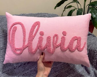 Personalized Pink Name Pillow – Custom Punch Needle Pillow, Girls Room, Teen Dorm & Nursery Decor
