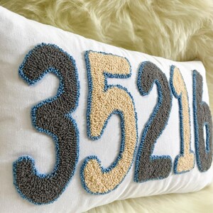 May include: White rectangular cushion featuring the embroidered numbers "35216" in grey, beige, and blue. The numbers have a textured, raised design. A decorative home accessory.