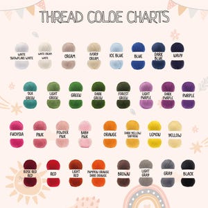 Puede incluir: Una carta de colores que muestra varios colores de hilo. La carta incluye una gama de colores como blanco, crema, azul, verde, morado, rosa, naranja, amarillo, rojo, marr&oacute;n, gris y negro. Cada color est&aacute; representado por una peque&ntilde;a bola de hilo.