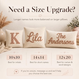 May include: Three beige throw pillows with embroidered text. One pillow has the letter "K", another says "Lila", and the third says "The Andersons". The image includes size recommendations: 10x10, 14x14, and 12x20 inches.