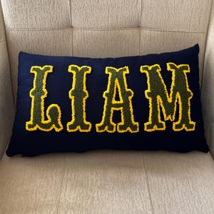Liam punch needle custom pillow in a boho home interior, featuring bold textured lettering and warm natural decor elements.