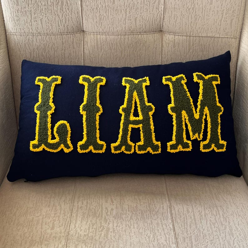 Liam punch needle custom pillow in a boho home interior, featuring bold textured lettering and warm natural decor elements.
