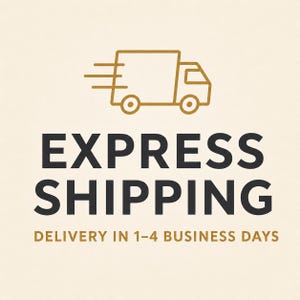 May include: A graphic featuring a gold outline of a delivery truck above the black text EXPRESS SHIPPING and the gold text DELIVERY IN 1-4 BUSINESS DAYS on a light cream background. The design uses clean lines and bold sans-serif typography.