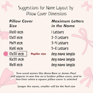 May include: A guide titled "Suggestions for Name Layout by Pillow Cover Dimensions" showing pillow cover sizes in inches and the maximum number of letters allowed. The 12x20 inch size is highlighted. (Approx. 30x51 cm).