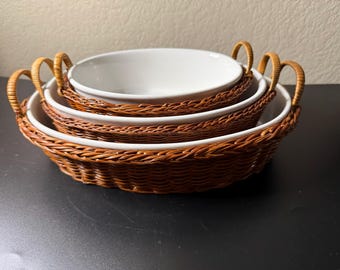 Stoneware Casserole & Woven Basket Set (3)