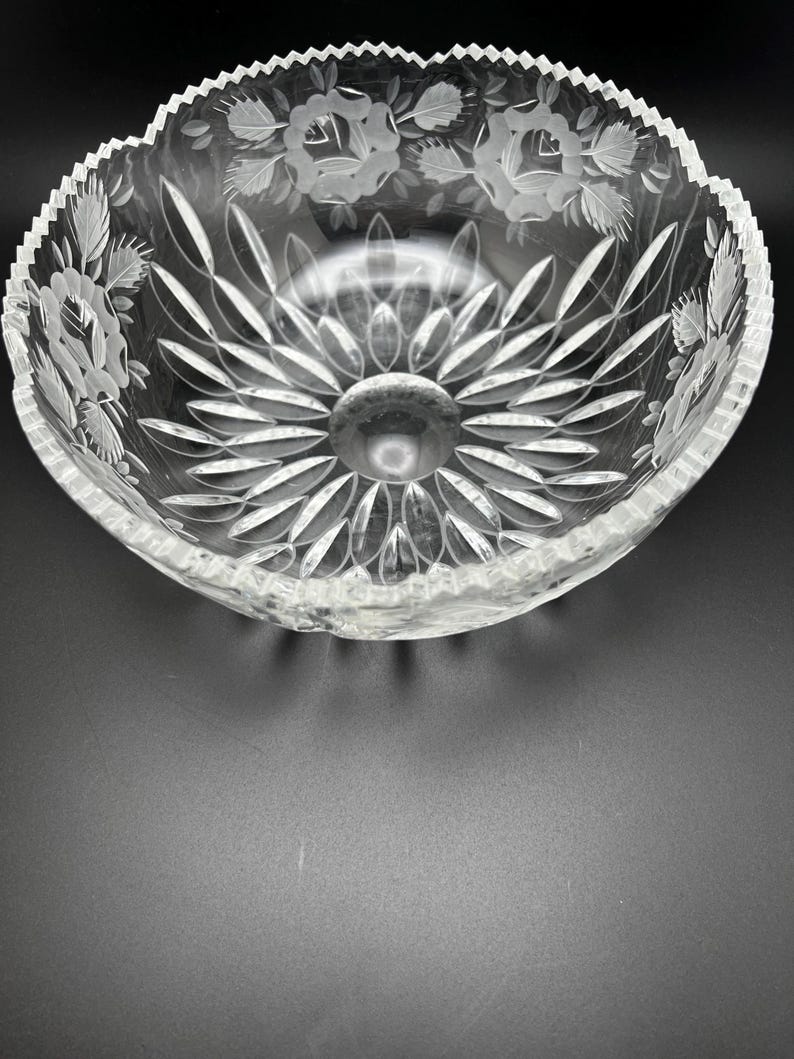Etched Floral Crystal Bowl With Sawtooth Edge - Etsy