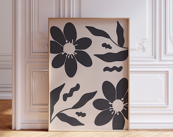 Abstracte botanische bloemsierkunst, humeurige botanische kunst, neutraal botanisch, beige zwarte muurkunst, minimalistische digitale print, downloadbare kunst
