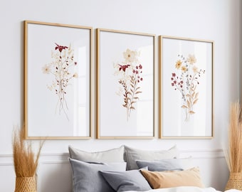 Set Of 3 Neutral Watercolor Wildflower Prints, Botanical Wall Art, Minimalist Boho Wall Decor, Digital Download, Printable Floral Prints
