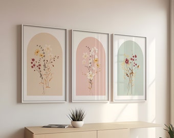 Watercolor Flower Prints Set of 3, Wildflowers Floral Art, Gallery Wall Art, Floral Paintings, Minimalist Modern Home Decor Boho Bouquet