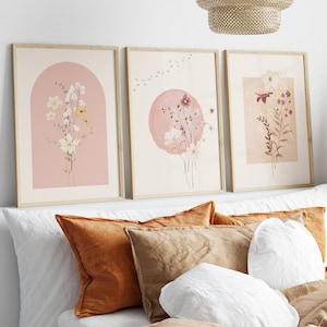 Pink Watercolor Flower Prints Set of 3, Japandi Art, Wildflowers Floral Art, Gallery Wall Art, Floral Prints, Minimalist Modern Home Decor