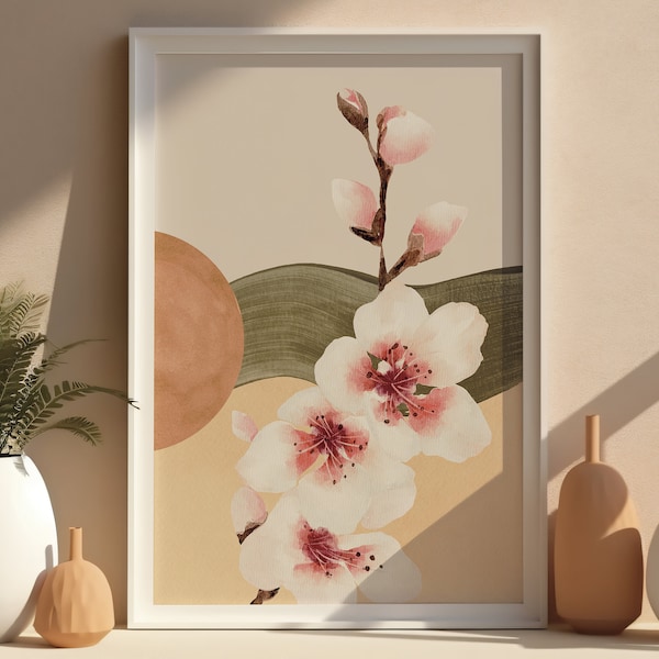 Arte mural japonés, arte japonés en flor de cerezo, impresión digital minimalista, arte mural wabi sabi, decoración moderna neutra para el hogar, arte abstracto escandinavo