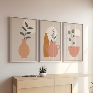 Boho Abstract Set of 3 Print, Floral Prints Home Decor, Botanical Line Art, Floral Wall Art Design, Terracotta Tones, Digital Wall Art
