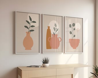 Boho Abstract Set of 3 Print, Floral Prints Home Decor, Botanical Line Art, Floral Wall Art Design, Terracotta Tones, Digital Wall Art