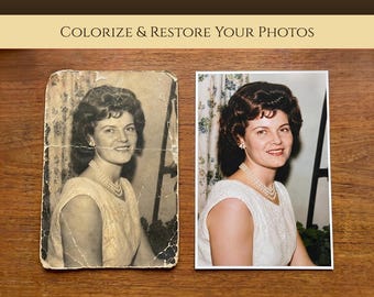 May include: A side-by-side comparison of a damaged black and white photograph and its restored color version. The image features a person with dark hair wearing a pearl necklace and a sleeveless top. Text reads: OLD PHOTO RESTORATION.