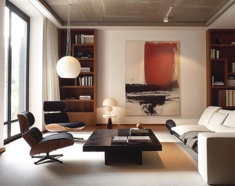 May include: A living room interior with a white couch, two black and brown chairs, a coffee table, and a large abstract painting on the wall. The room has a modern design with a concrete ceiling and wooden floors.
