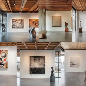 May include: A series of photographs showcasing an art gallery with various abstract paintings and sculptures. The gallery features white walls, concrete floors, and wooden ceilings, creating a modern and spacious atmosphere. The artwork includes both colorful and monochrome pieces.